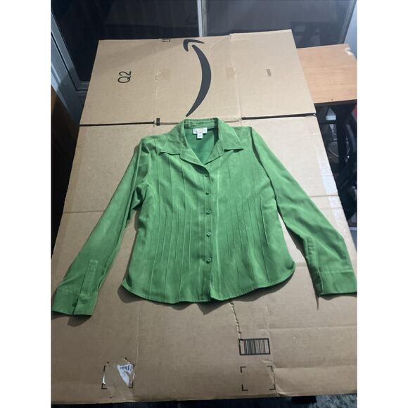 Talbots Green Button Down Pleated Shirt Blouse, Large, Suede Western Style Top‎ - Picture 1 of 8